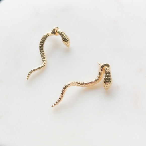 Snake Textured Wavy Drop Stud Earrings | 14k Gold Filled - Picture 3 of 5